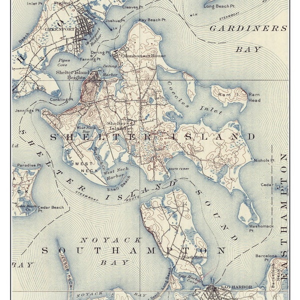 Shelter Island 1904 Long Island, New York -  Map  USGS Old Topo Custom Composite    Reprint