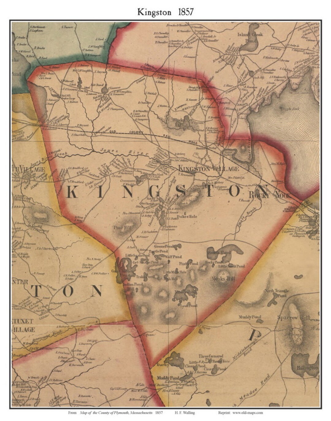 Kingston 1857 Old Town Map With Homeowner Names Massachusetts Rocky