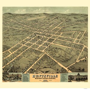 Huntsville Alabama - 1871 Birds Eye View - Reprint