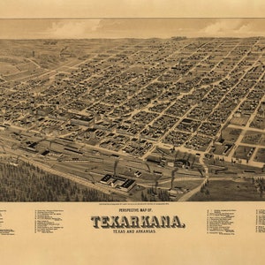 May include: An antique, black and white, bird's-eye view perspective map of Texarkana, Texas and Arkansas. The map shows the city's streets, buildings, and railroad tracks. The map is labeled "Perspective Map of Texarkana, Texas and Arkansas".