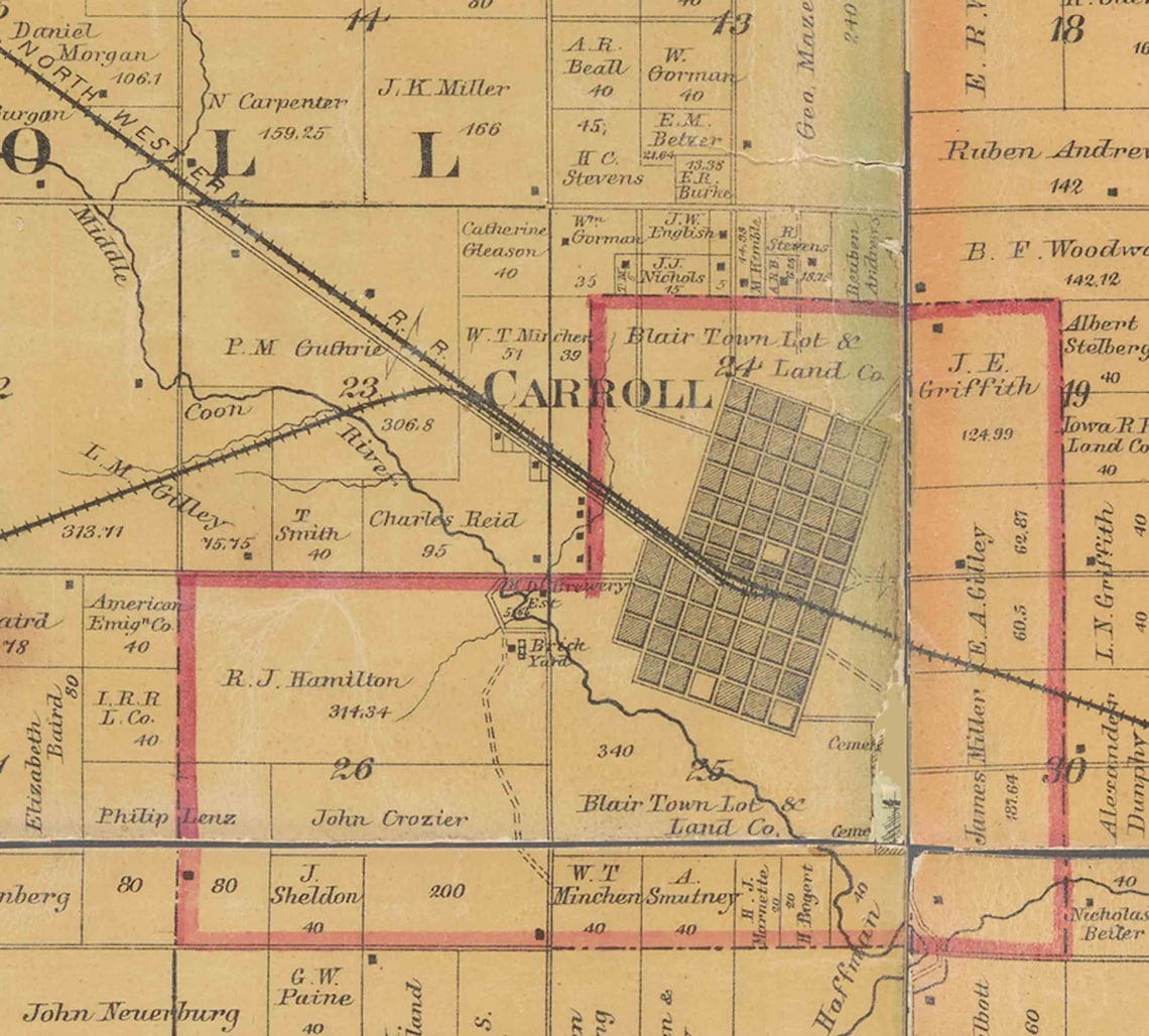 Carroll County Iowa 1884 Old Wall Map With Landowner Names Etsy