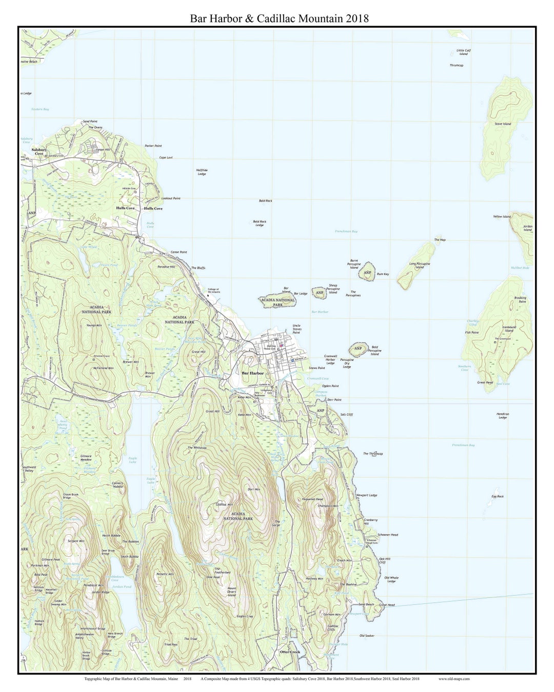 Bar Harbor &amp; Cadillac Mountain 2018 Old Topographic Map USGS - Custom ...