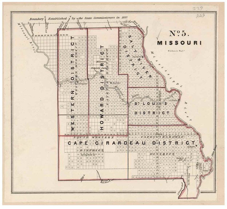 May include: A vintage map of Missouri, divided into districts, with the text "Boundary Established by the State Commissioners in 1837" and "N.5. MISSOURI" printed on the map.