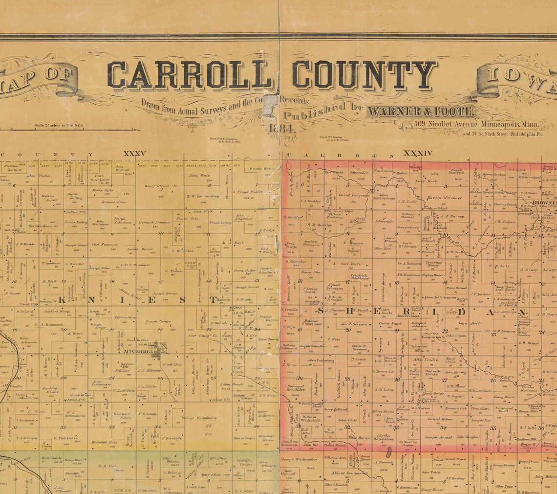 Carroll County Iowa 1884 Old Wall Map With Landowner Names Etsy