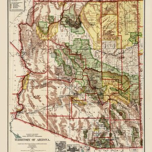 Arizona Territory 1910 Navajo apache Old State Map Reprint