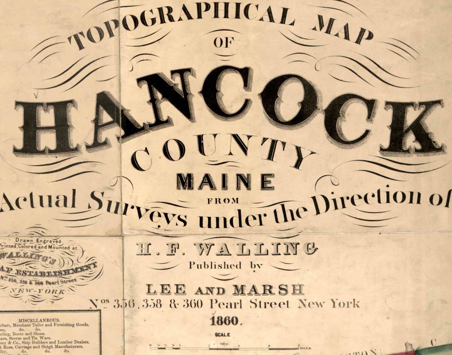 Hancock County Maine 1860 Old Wall Map Reprint with Etsy