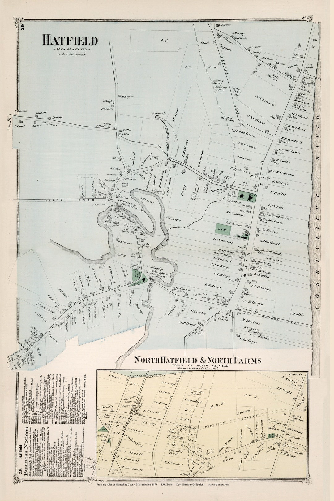 Hatfield Village 1873 Old Town Map Reprint North Hatfield, North Farms Hampshire County