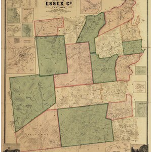 Essex County New York 1858  - Old Wall Map Reprint with Homeowner Names  NY - Genealogy