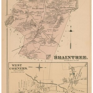 Braintree 1876 - Old Town Map Reprint - West Corners, Norfolk County, Massachusetts - Homeowner Names, Genealogy - MA Atlas