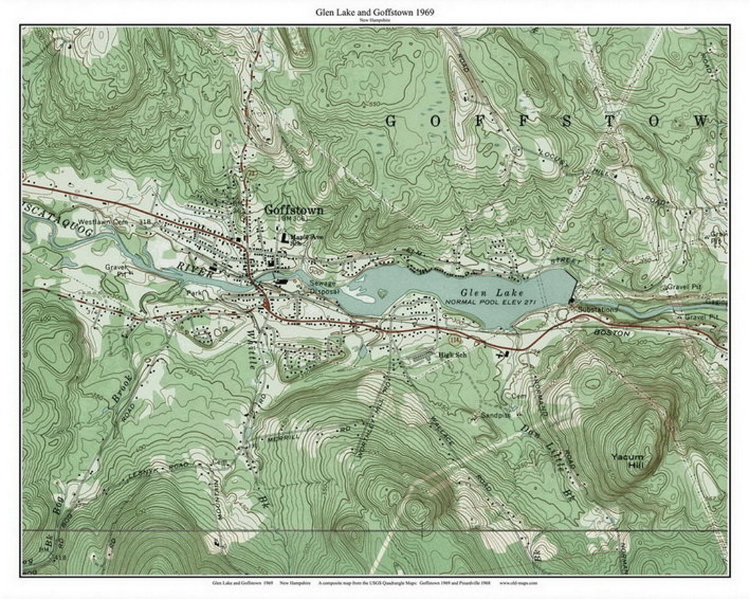 Glen Lake & Goffstown 1969 Old Topographic Map Grassmere USGS Custom
