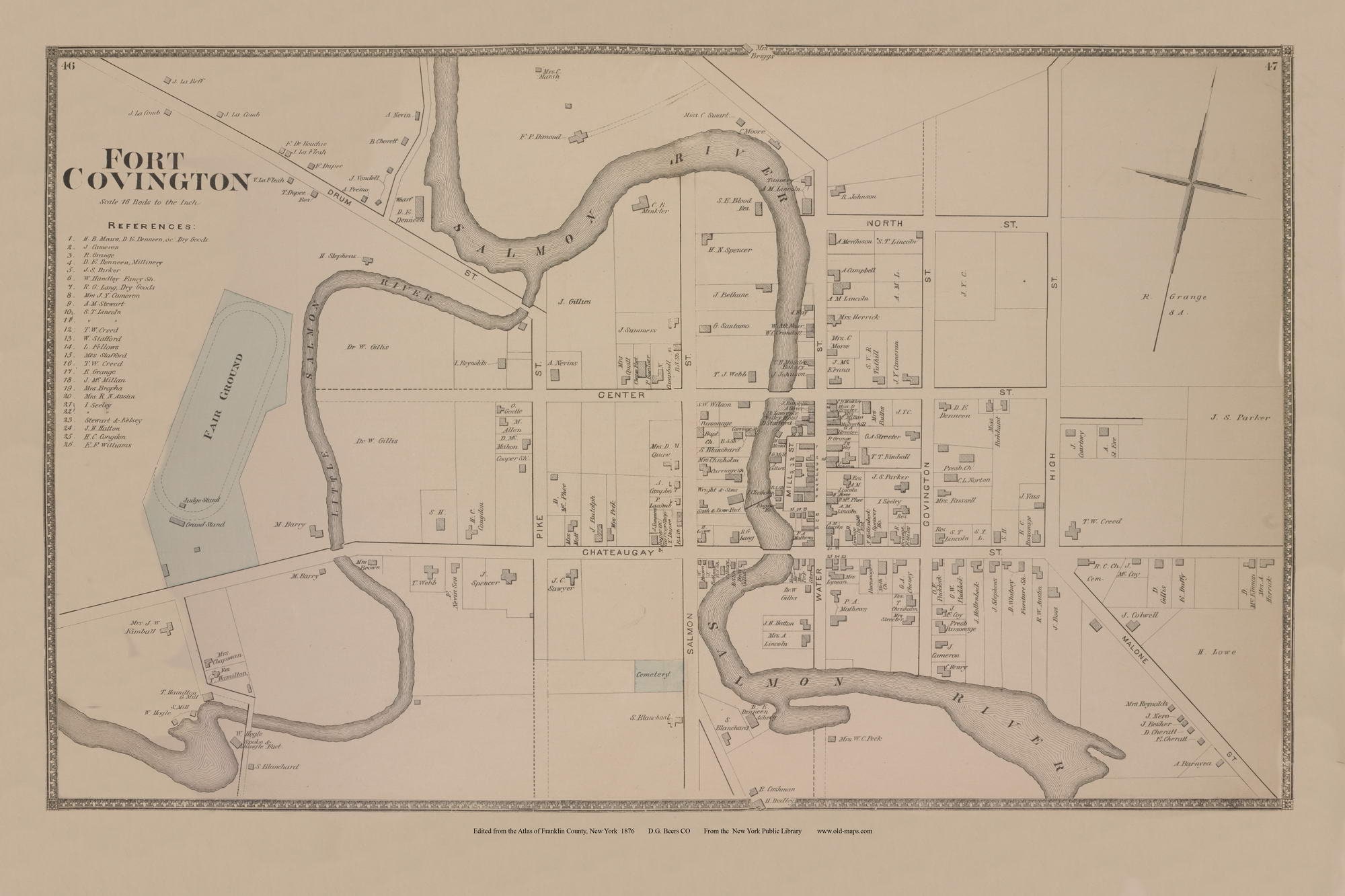 Fort Covington Village 1876 Old Town Map Reprint Salmon River, Fair