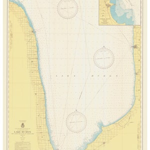 May include: A vintage nautical chart of Lake Huron, Michigan, with compass roses and depth soundings. The chart is printed on a yellowed paper with blue and brown lines. The text "LAKE HURON" is printed in the center of the chart.