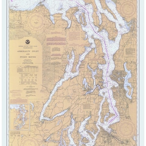 May include: A nautical chart of Admiralty Inlet and Puget Sound in Washington state. The chart shows the coastline, islands, and waterways of the region. Soundings are in fathoms. The chart is titled "United States - West Coast Washington Admiralty Inlet and Puget Sound."
