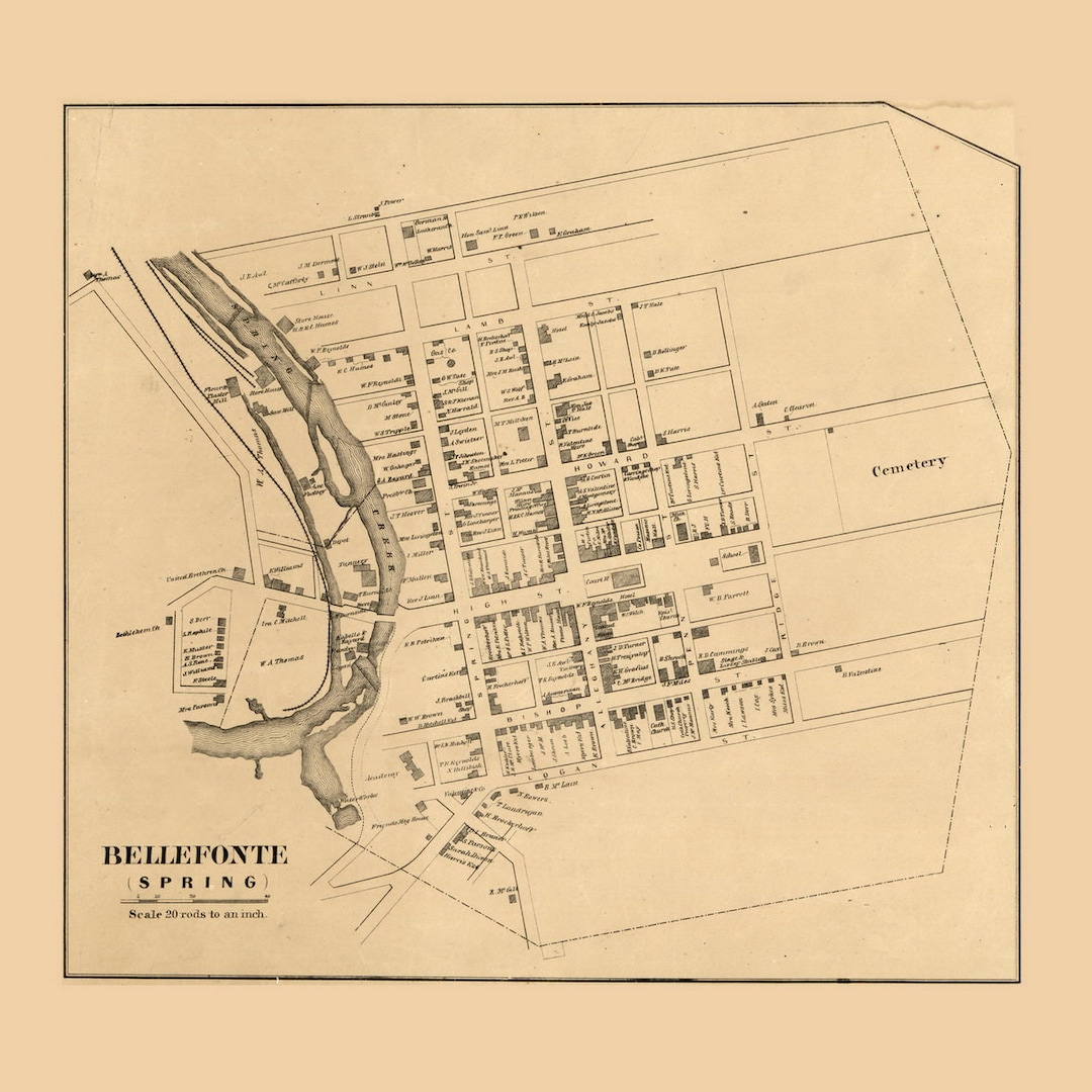 Bellefonte Village 1861 Old Town Map With Homeowner Names Spring