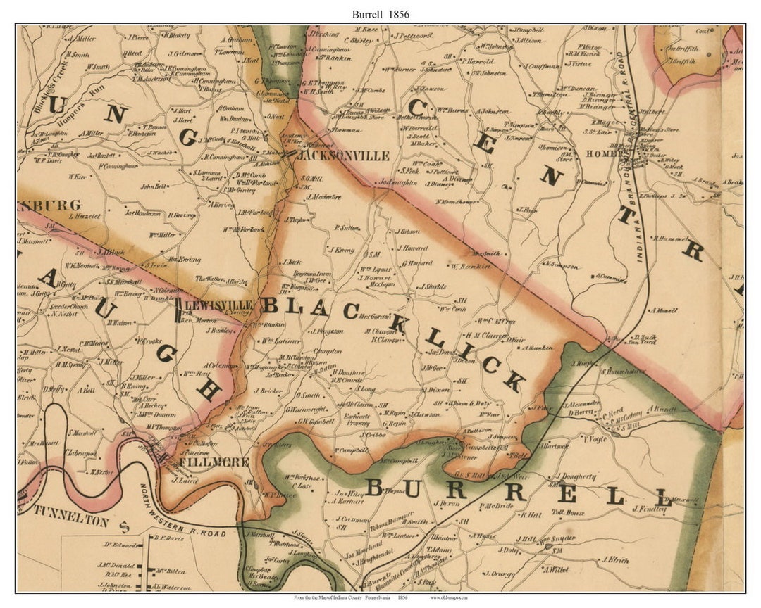 Black Lick 1856 Old Town Map Pennsylvania Reprint Genealogy Indiana