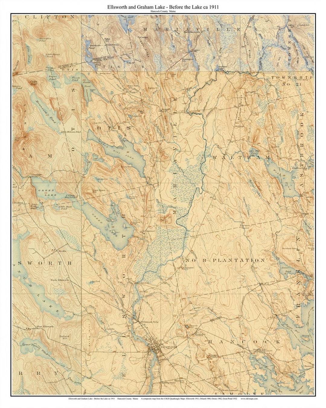 Ellsworth and Graham Lake Before the Lake 1911 Topographic Map USGS