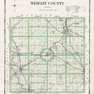 May include: A vintage map of Wright County, Iowa, showing the county's townships and roads. The map is printed in black and white with green highlights. The map is titled "Topographical Map of Wright County, Iowa".