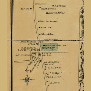 May include: A vintage map of Glasgow, Pennsylvania, showing the location of various businesses and landmarks, including a church, a hotel, a cemetery, and a school. The map is drawn in black ink on a cream-colored paper.