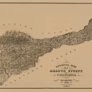 May include: A vintage map of Amador County, California, from 1881. The map shows the county's boundaries, towns, and rivers. The map is printed in black and white on a cream-colored background.