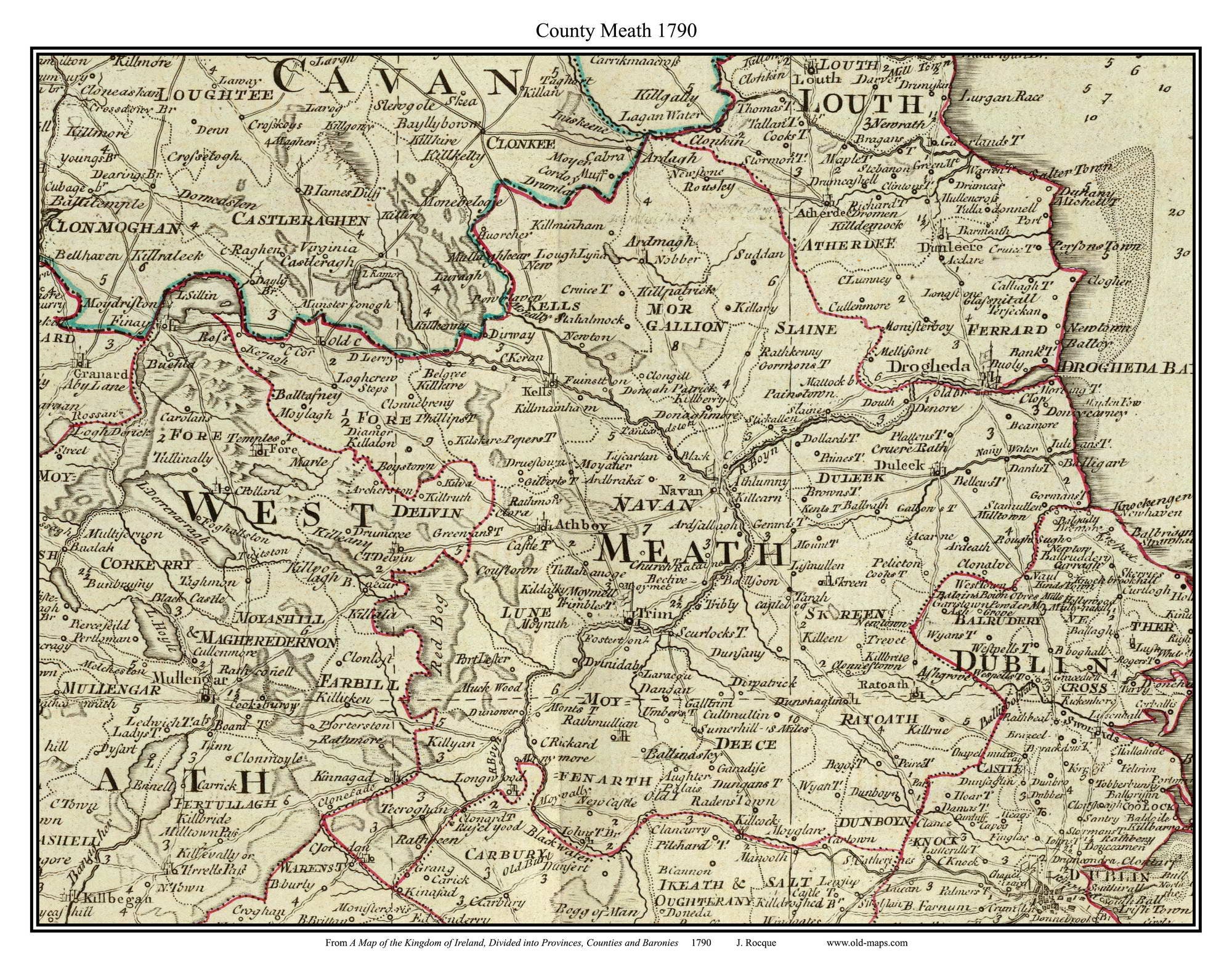 Meath Rivers Map County Meath - Ireland - From 1790 Roque Map - Clan Names - Old Map ...