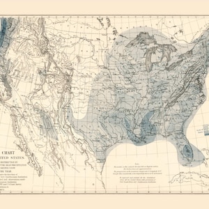 May include: A vintage map of the United States showing the distribution of rainfall. The map is shaded in blue to indicate the amount of rainfall, with darker shades representing higher amounts. The map is titled "Rain Chart of the United States" and includes a key showing the scale of rainfall in inches.