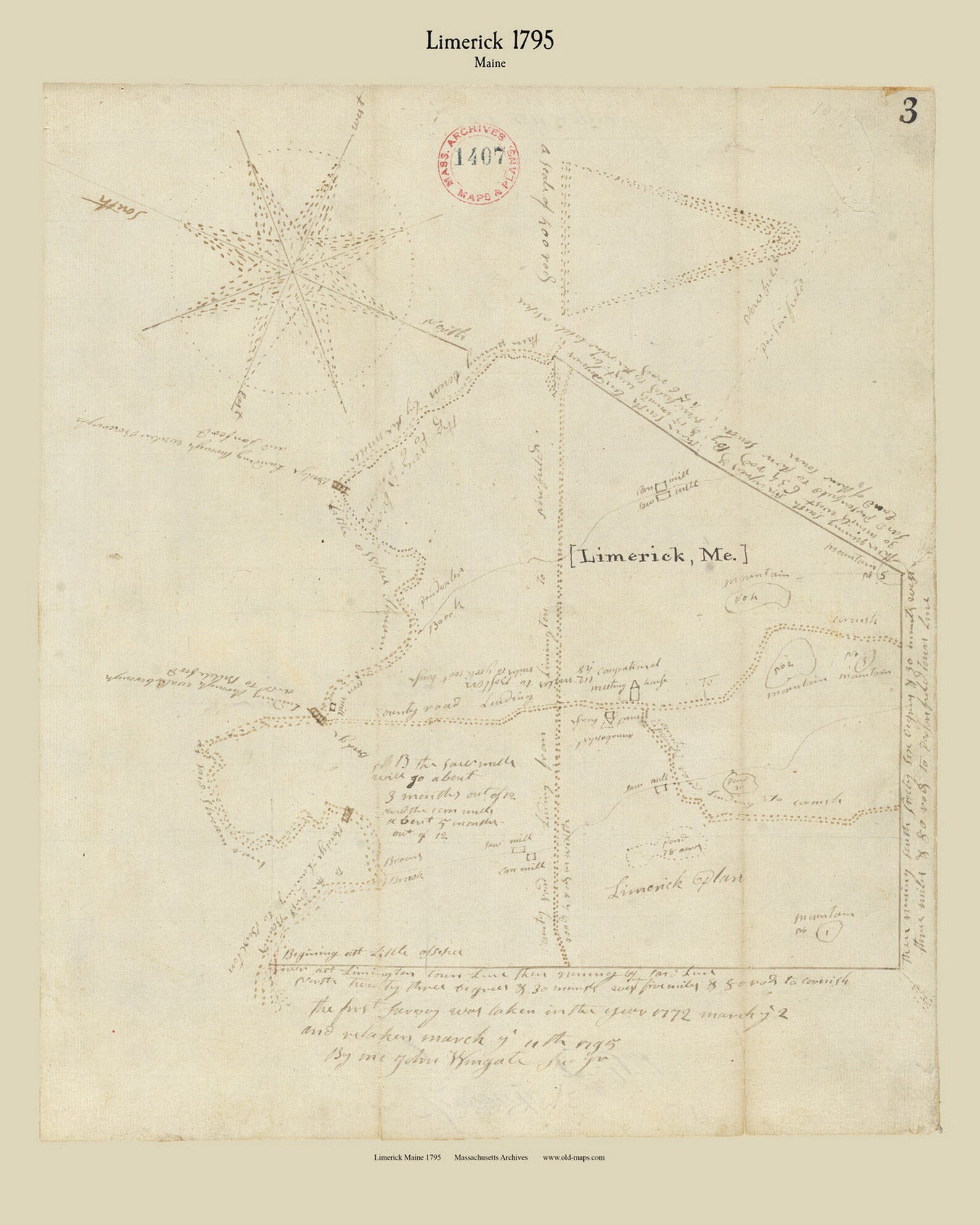 Limerick Maine 1795 Town Plan Old Roads Reprint Massachusetts Archives