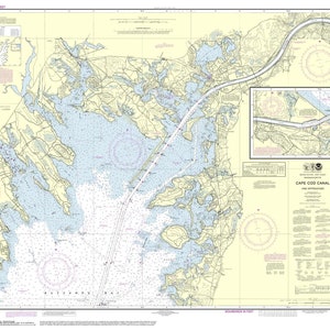 May include: A nautical chart of the Cape Cod Canal and its approaches. The chart shows the canal, surrounding waterways, and nearby land features. It includes depth soundings, navigational aids, and other important information for boaters.