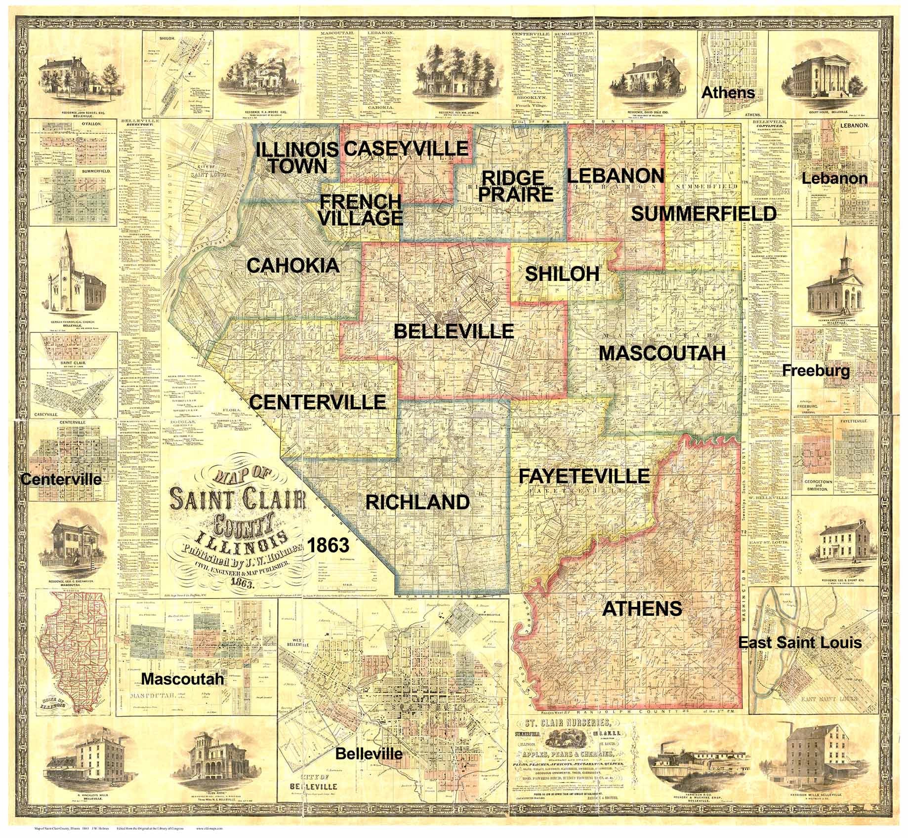 Saint Clair County Illinois 1863 Old Wall Map Reprint With Etsy