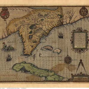 May include: An antique map of the Caribbean islands, with a compass and protractor in the lower right corner. The map is drawn in brown, green, and blue ink on a parchment-like background. The map is titled "Americae pars septentrionalis, adjacens Cubae insulae, cum regionibus adjacentibus, a Christophoro Columbo, anno 1504, detecta."