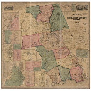 May include: An antique map of Middlesex County, Connecticut, from 1858. The map is divided into sections, each representing a different town. The map is printed on aged paper with a light brown background and features a detailed outline of the county's borders and towns. The map is surrounded by a decorative border.
