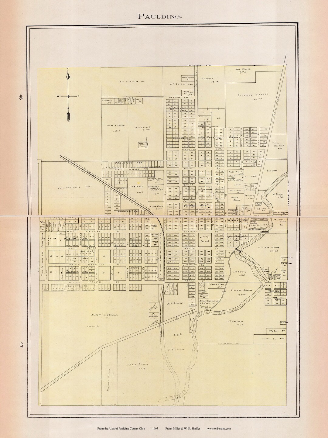 Paulding Village 1905 Old Town Map Reprint Paulding County Ohio Homeowner Names, Genealogy OH Co