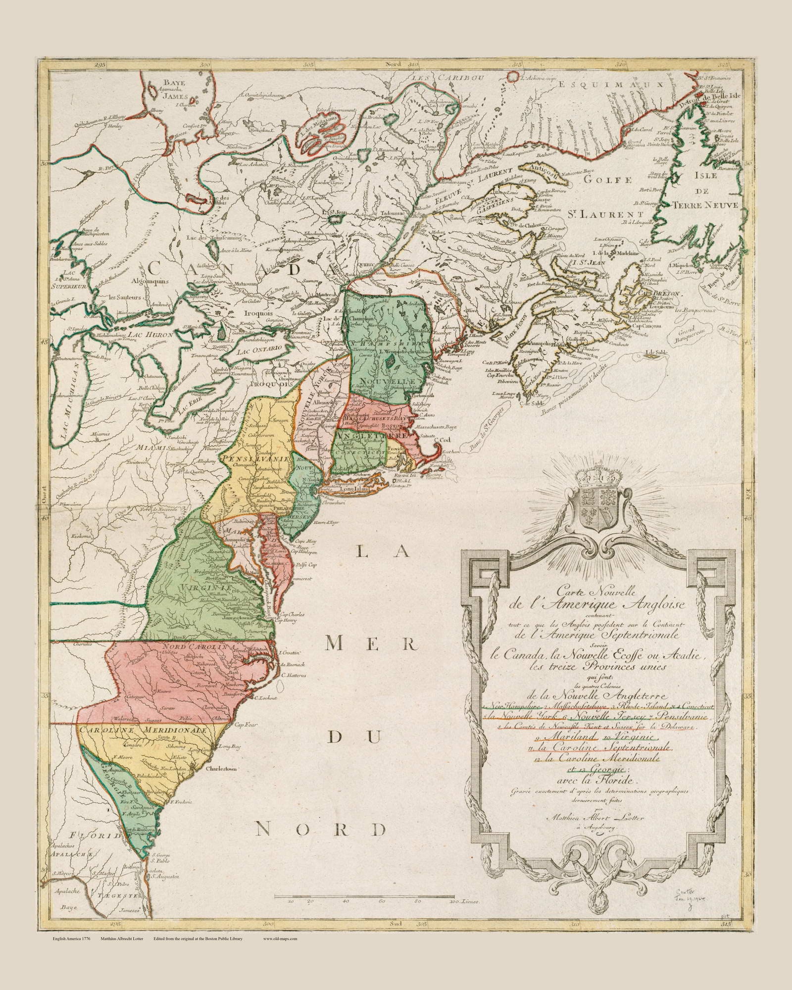 English America 1776 Map - Colonial USA Map Reprint Lotter