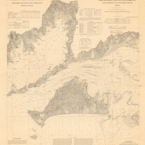 May include: A vintage nautical chart of the U.S. coast, featuring detailed topographical and bathymetric information. The map shows the area from Monomoy and Nantucket Shoals to Block Island, with text and measurements in imperial units.