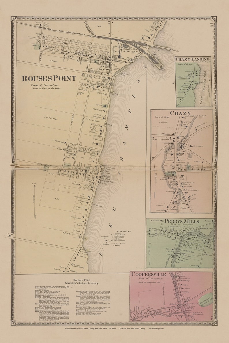Rouses Point 1869 Chazy Landing Perrys Mills Coopersville Map Etsy