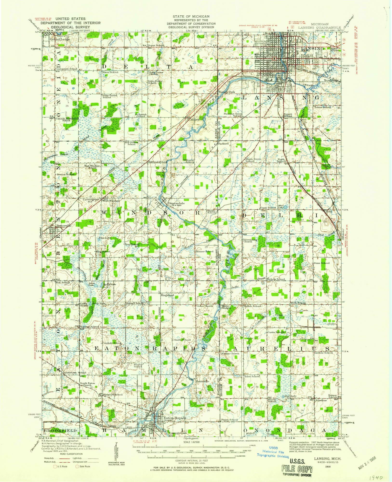 Lansing 1910 1958 Old Topo Map Eaton Rapids Potterville Quad Reprint
