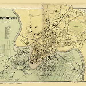 Woonsocket Village 1870  Rhode Island Old Town Map Reprint with Homeowner Names - Genealogy RI TM