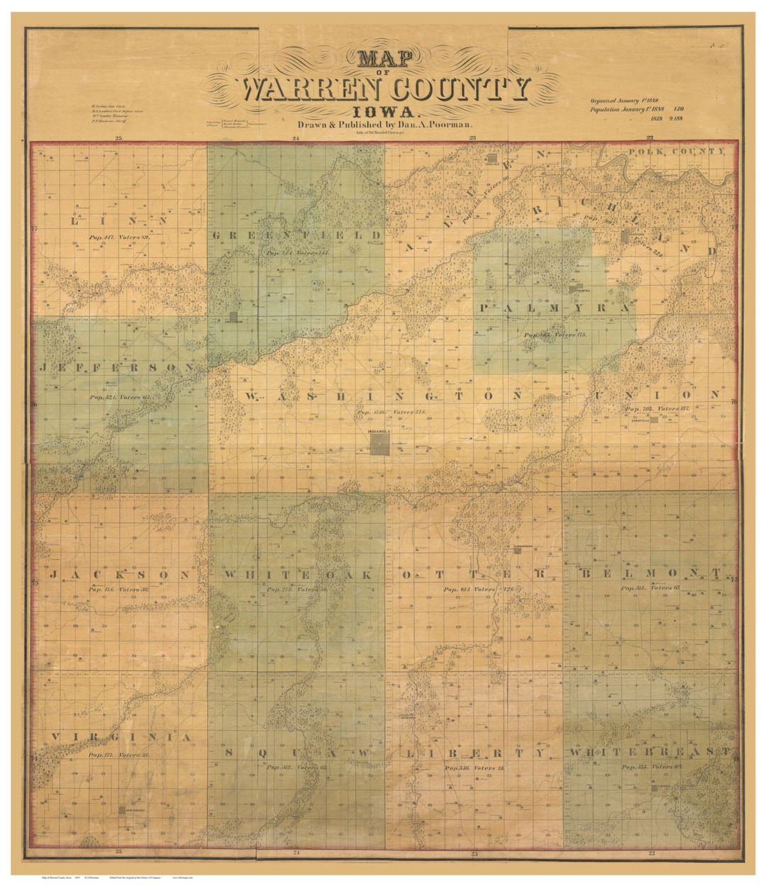 Warren County Iowa 1859 Old Wall Map With Landowner Names Farm Lines