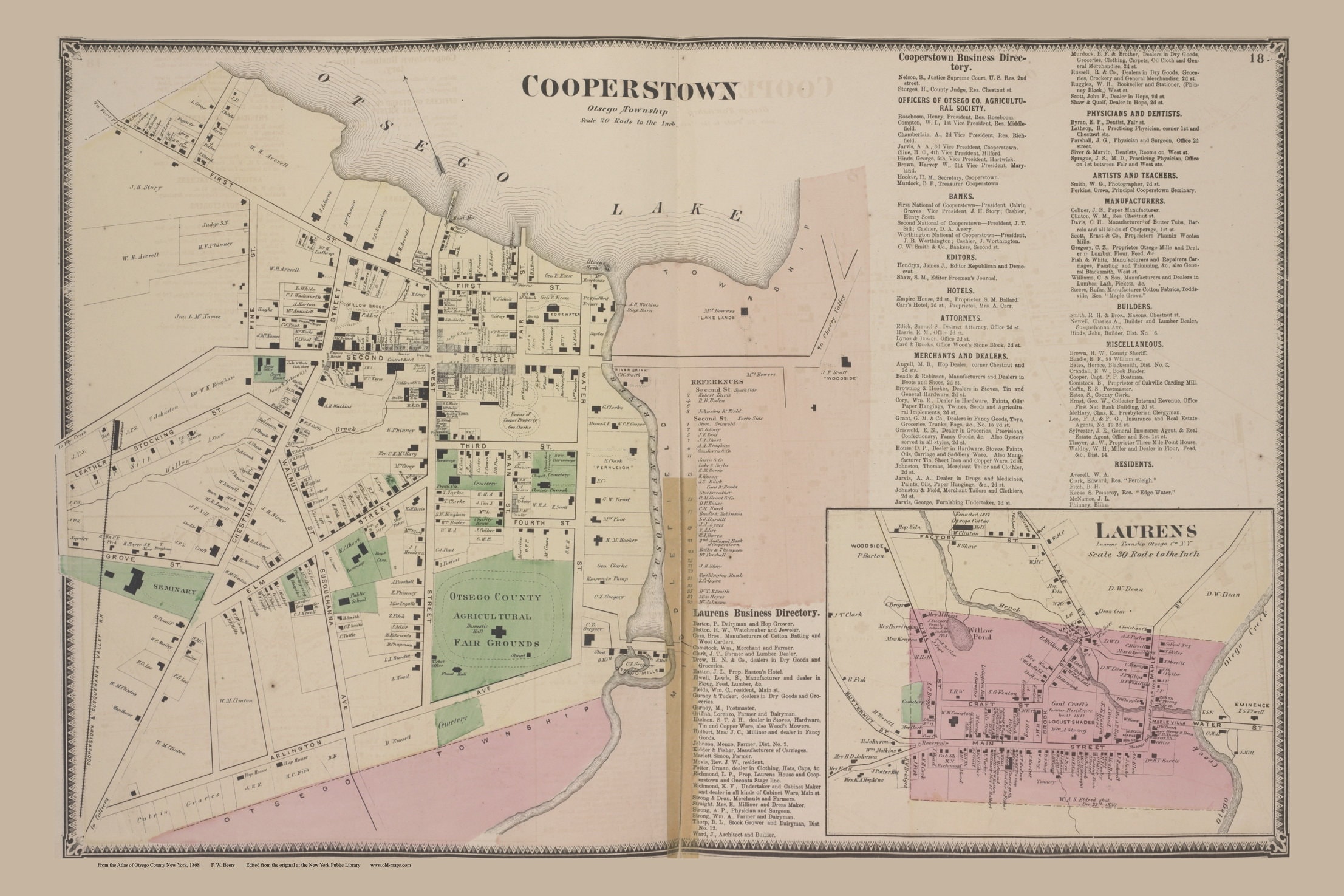 Cooperstown 1868 Old Town Map Reprint Otsego County New York Etsy