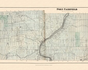 May include: A vintage map of Fort Fairfield, Maine, showing the town's layout and surrounding areas. The map is printed in black and white on a light blue background. It includes roads, rivers, and the names of various locations.