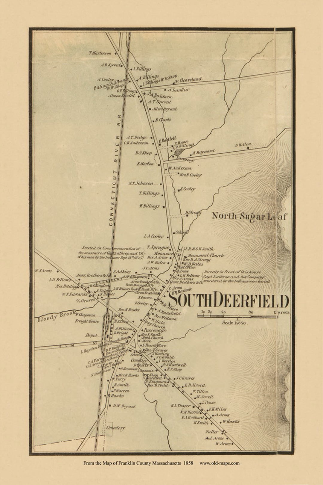 South Deerfield 1858 Old Town Map With Homeowner Names massachusetts