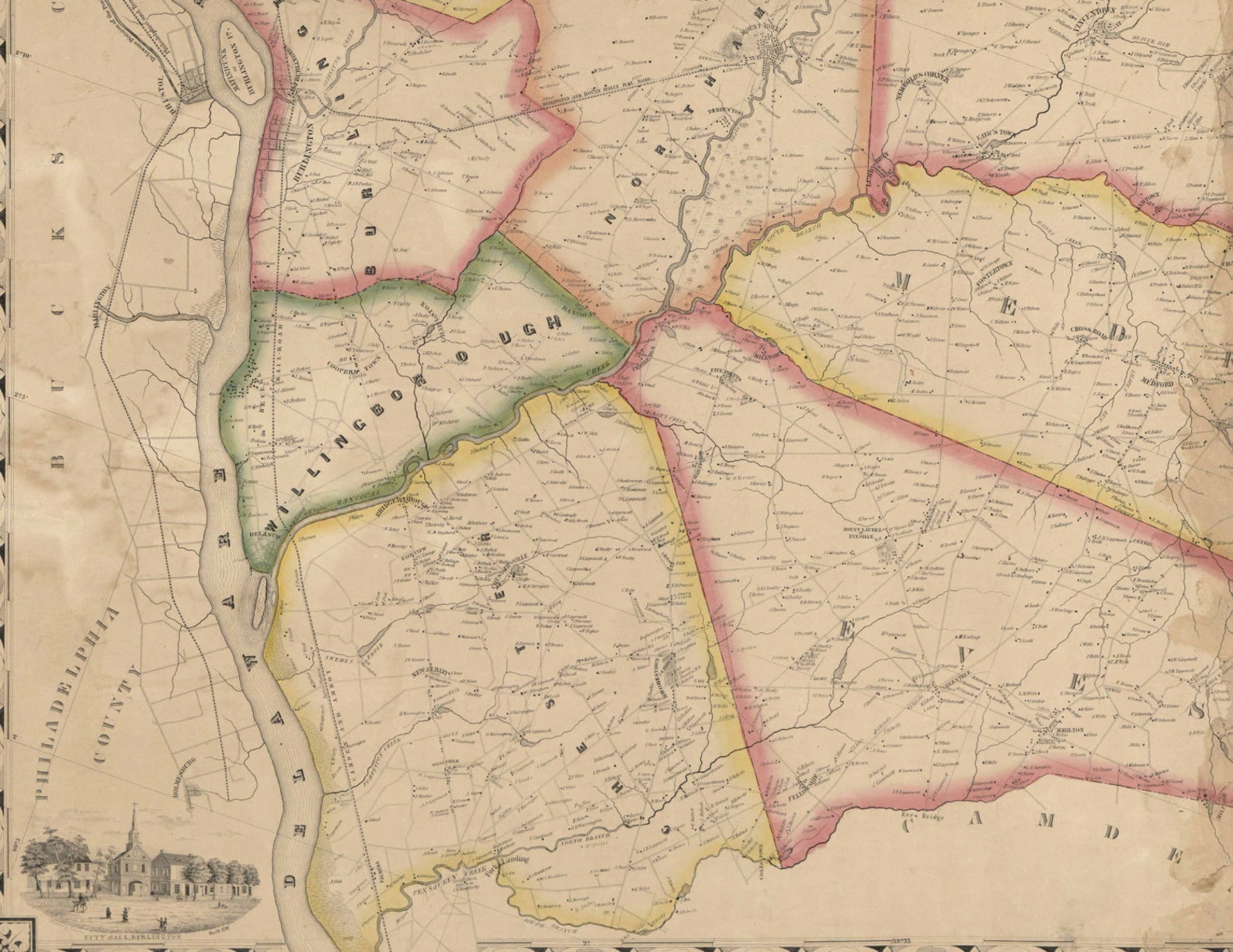 Burlington County New Jersey 1849 Old Wall Map by Smith & Etsy