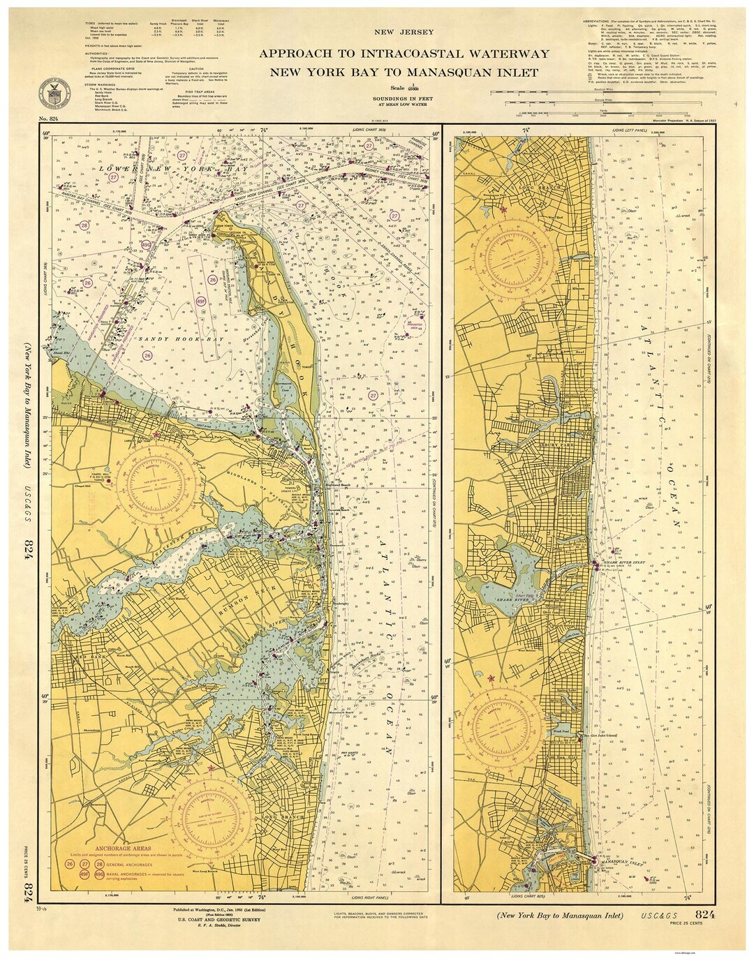 New York Bay to Manasquan Inlet Sandy Hook 1953 Nautical Map Approach