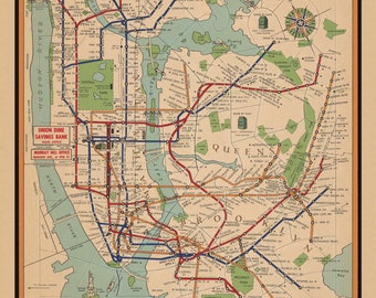 1954 Subway Map Union Dime Bank Rapid Transit Old Map - New York City Reprint -  Subway