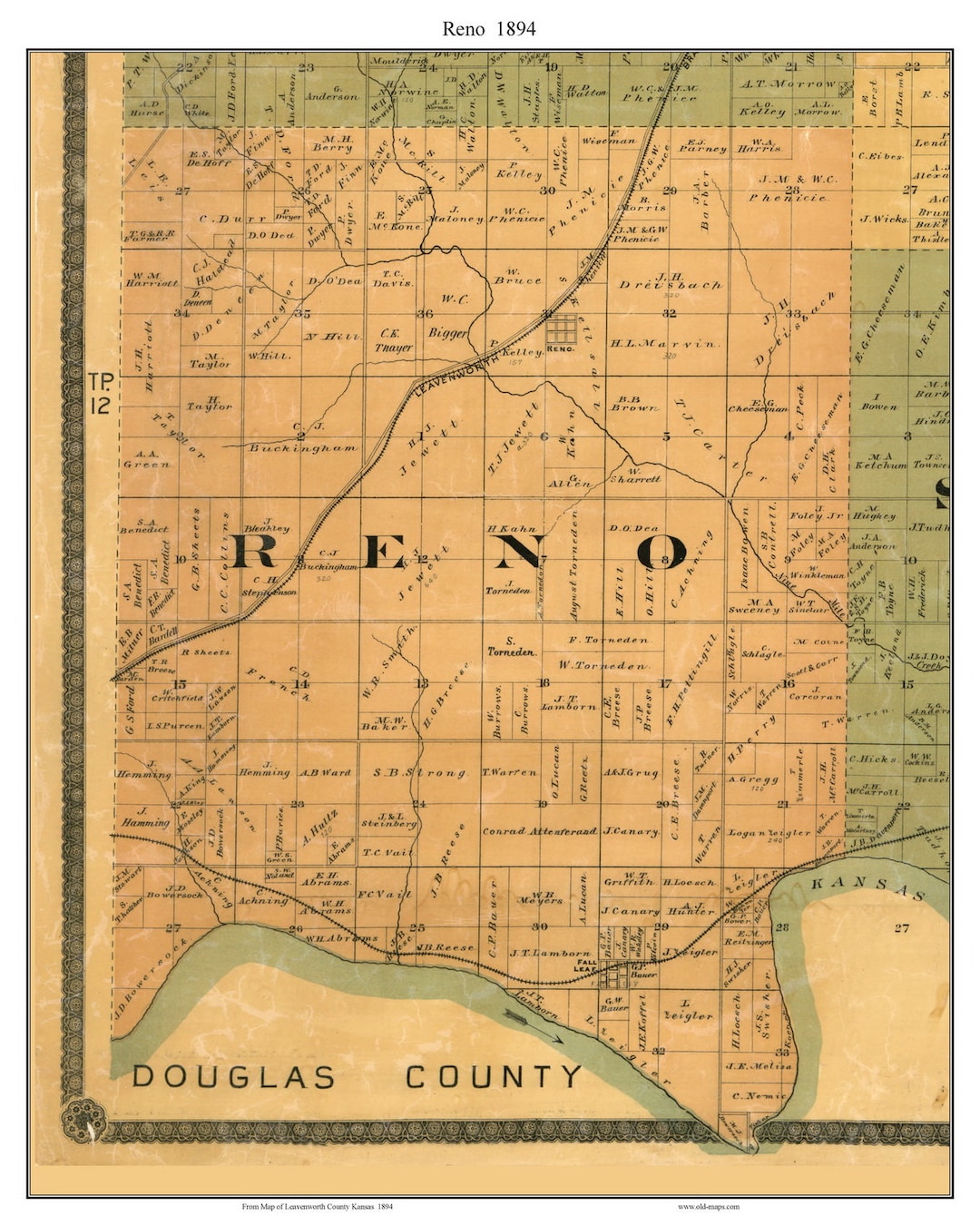 Reno 1894 Old Town Map With Homeowner Names Kansas Reprint Genealogy