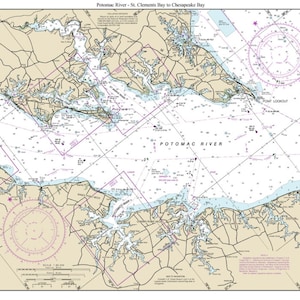 May include: A nautical chart of the Potomac River, St. Clements Bay to Chesapeake Bay. The chart shows the river and bay with detailed markings for navigation, including depths, buoys, and other navigational aids. The chart also includes a compass rose and a scale bar.