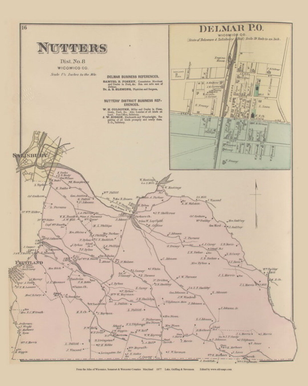 Nutters 1877 Old Town Map Delmar Fruitland Homeowner Names