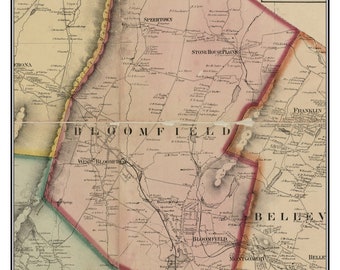 May include: An antique map of Bloomfield, New Jersey, from 1859. The map is in shades of pink, green, and yellow, with black lines for roads and rivers. The map shows the town's boundaries and the names of surrounding towns, including Cedar Grove, Verona, and Belleville.