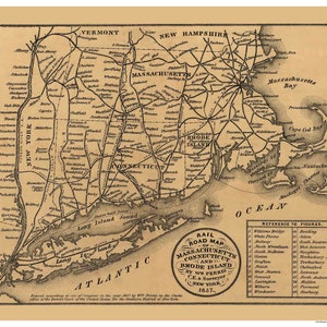 May include: A vintage map of the northeastern United States, showing the rail lines of Massachusetts, Connecticut, Rhode Island, and New York in 1857. The map is printed in black ink on a cream-colored background.