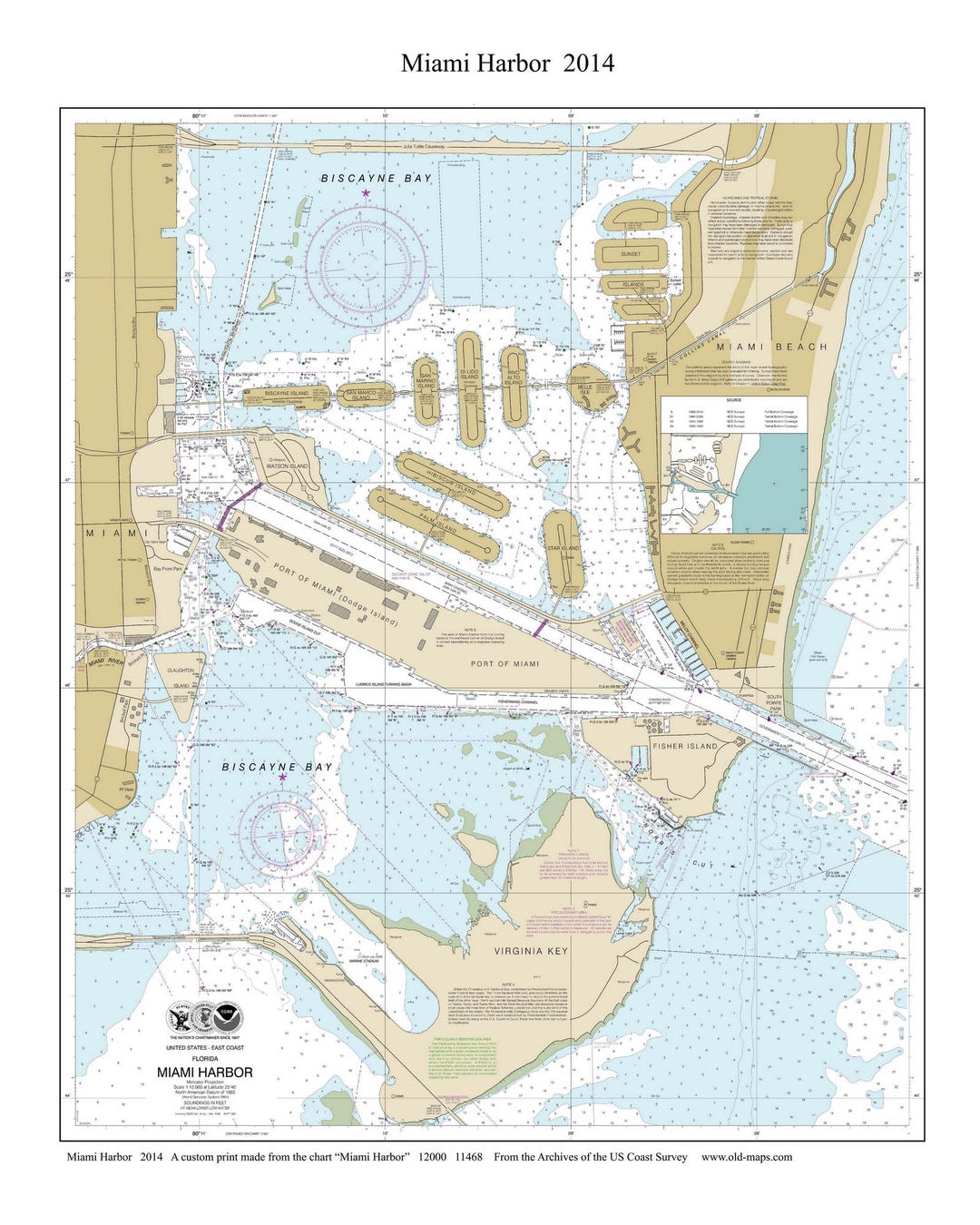 Miami Harbor 2014 - Nautical Map Florida - Custom Print - 11468 FL ...