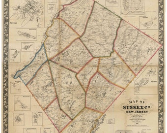 Sussex County  New Jersey 1860 Old Wall Map -  Reprint with Homeowner Names - Genealogy